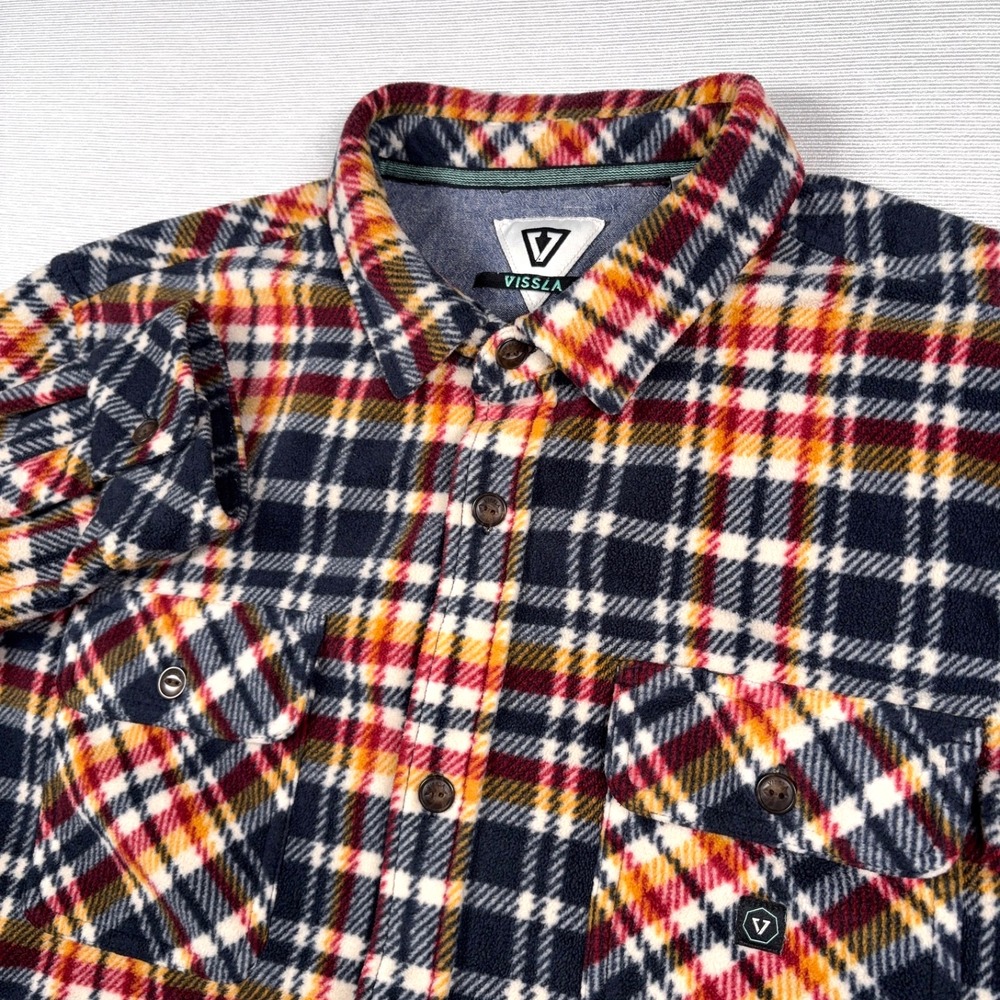 Vissla Eco ZY Polar Flannel Shirt Mens Size L Blue Red Orange Polyester Fleece